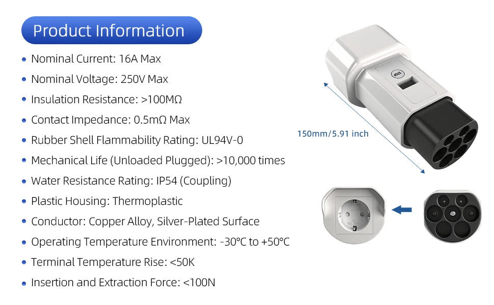EVqiaoyi Type2 to Schuko Socket EV Adapter Type2 to 220V Converter Male Discharging Plug for IEC 62196-2 Charging Stations