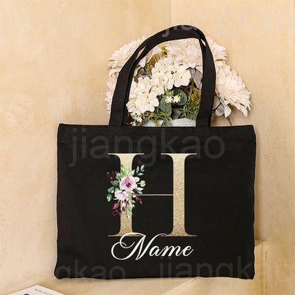 Personalized Initial with Name Tote Bag Women Canvas Shoulder Bags Monogram Shopping Bag Handbags Birthday Wedding Gifts for Her