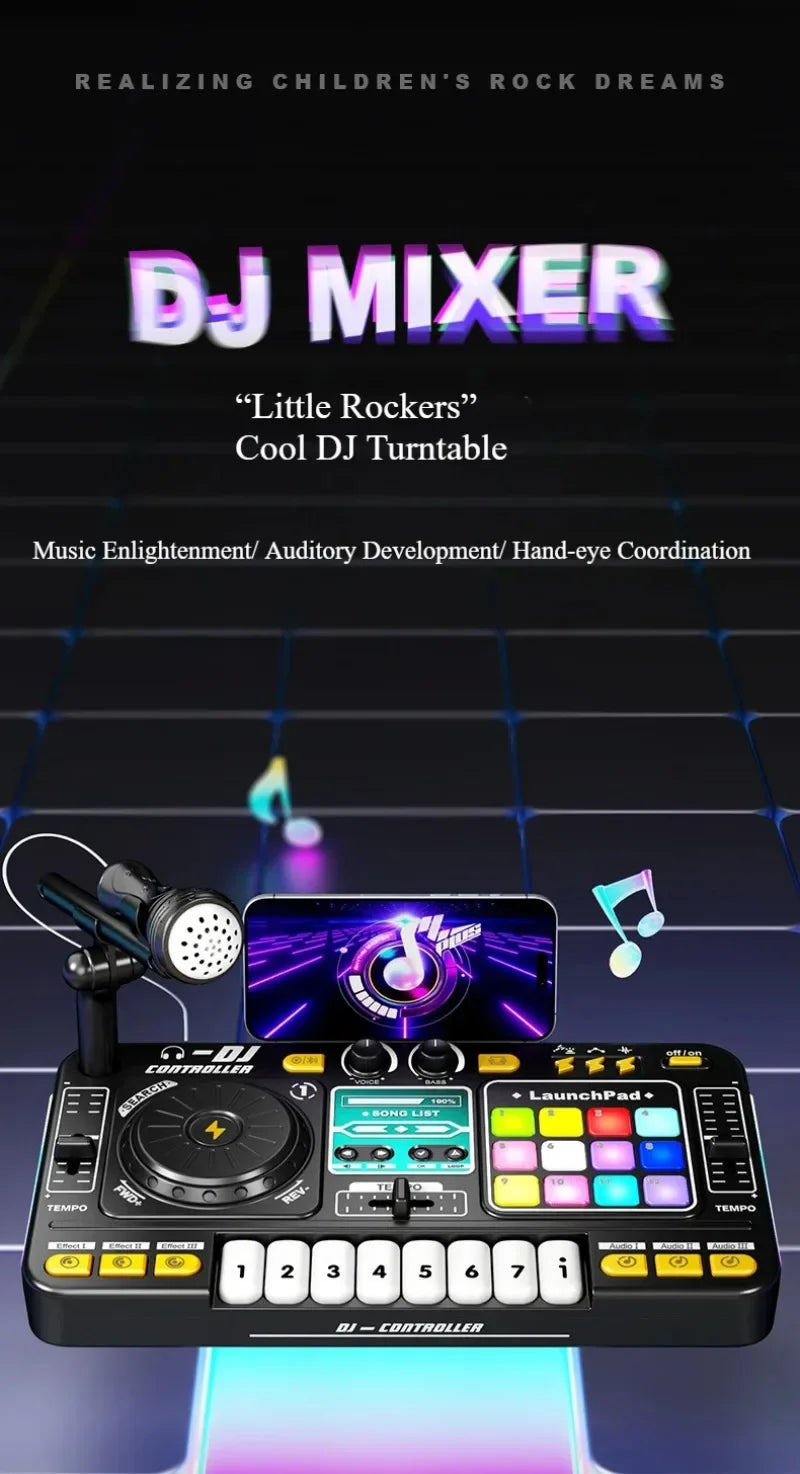 Kids Simulation DJ Mixer Controller Toy Multifunctional Music Effects Electronic Learning Game Birthday Gift for Children Mixers