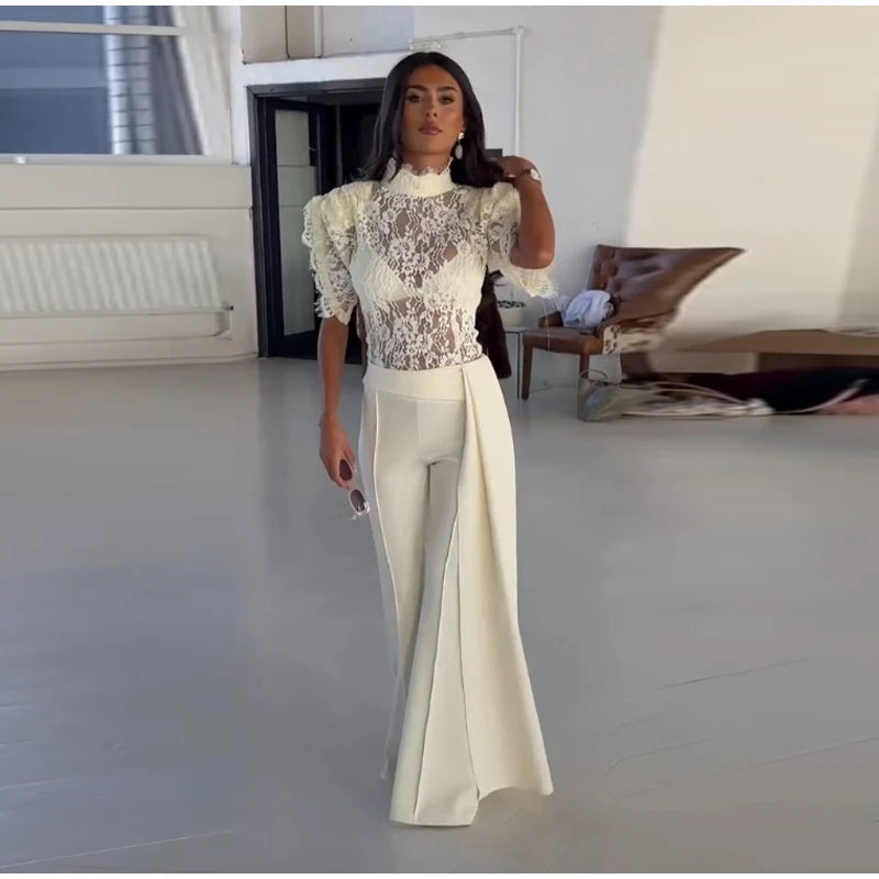 Elegant Ruffles Lace Top Ribbon Flare Pants Sets Women Short Sleeve See through Top High Waist Pant 2026 Summer Evening Outfit