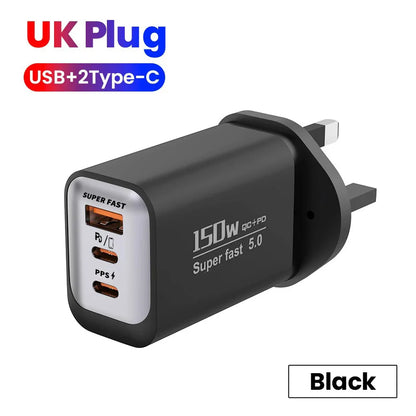 USB Type C 150W Charger USB QC3.0 Fast Charging Mobile Phone Charger Travel Adapter For iPhone 17 Samsung Xiaomi EU/UK/US Plug