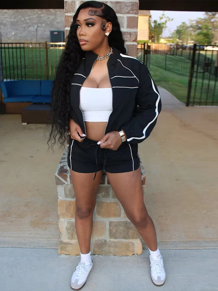 Weird Puss Casual Sporty 2 Piece Set Women Zipper Cardigan Polo-Neck Jacket+Drawstring Skinny Shorts Daily Fashion Tracksuits
