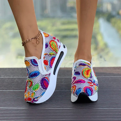 Women's Sneakers Rainbow Embroidered Platform Shoes for Women Breathable Mesh Loafers Lightweight Slip On Casual Shoes Plus Size