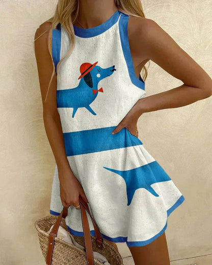 Women Sleeveless Dress Cute Sardines Fish Graphic Print Summer New Short Dress Beach Vacation Party Girl Skirts Dress