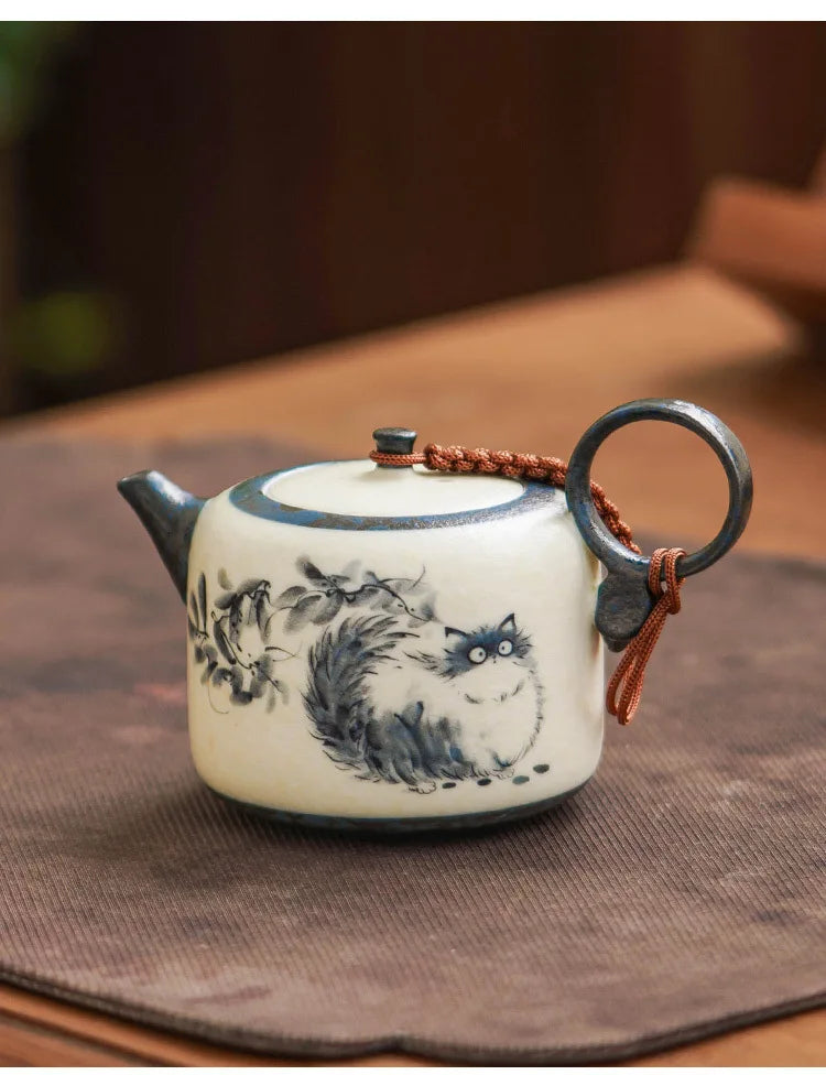 102ml Hand Painted Cat Teapot Ancient Tea Infuser Pot Household Tea Maker Kettle With Filter Dahongpao Drinkware Supplies Craft