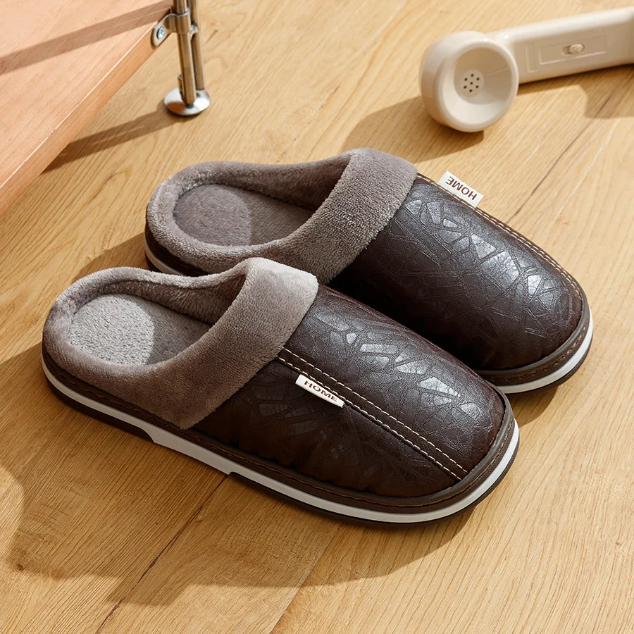 Mens Winter Slippers PU Leather Waterproof Indoor House Shoes Big Size Warm Fur Lined Home Bedroom Slippers