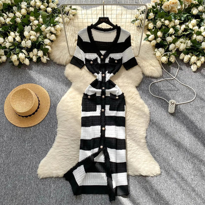 YuooMuoo Chic Fashion Sexy Package Hips Knitted Long Dress 2025 Spring and Summer Elegant Slim Waist Office Lady Sweater Dress