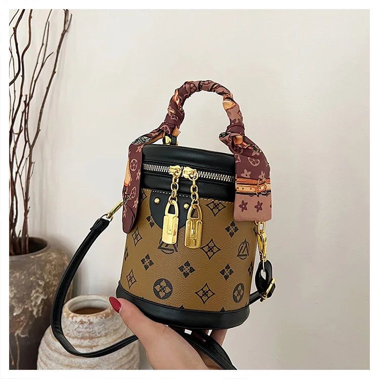 Stylish Printed Bucket Bag with Scarf Detachable Strap Shoulder Crossbody Bag for Women