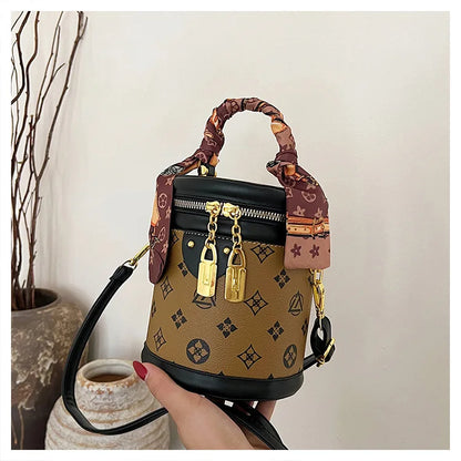 Stylish Printed Bucket Bag with Scarf Detachable Strap Shoulder Crossbody Bag for Women