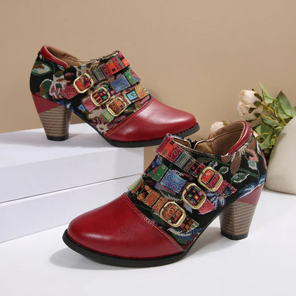 Women's Spring & Fall Short Boots, Bohemian Fashion Splicing Retro Short Boots, Casual Printed Western Leather Boots, Side Zippers, Suitable for Daily Commuting, Vacation, Parties