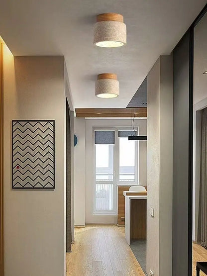 Yellow Travertine LED Ceiling Lamp Japanese Wooden Downlight round Wood Light for Living Room Corridor Porch Balcony