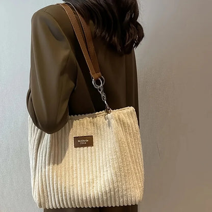 Large Capacity Corduroy Tote Bag Chain Handbag Shoulder Bag for Women, Polyester Lining, Zip Closure, Black, Beige, Khaki, Green