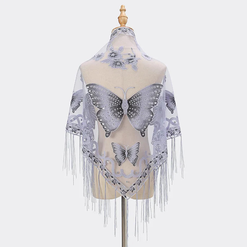 New Women Lace Tassel Triangular Scarf Solid Hollow-out Butterfly Embroidery Scarves Soft Lady Shawl Foulard Party Wrap Shawls