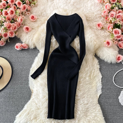 YuooMuoo Autumn Winter 2025 Women Dress Elegant Cross V-neck Slim Waist Knitted Bodycon Dress Korean Office Lady Vestidos