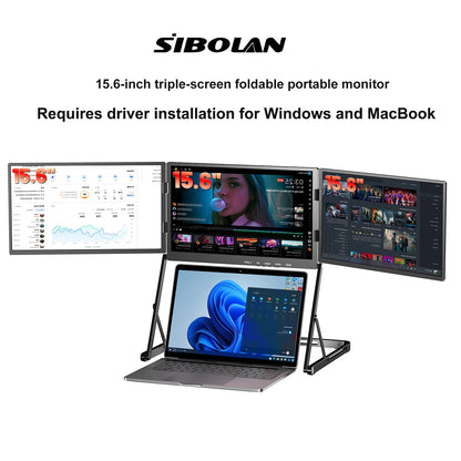 SIBOLAN 16 Inch Triple Screen Foldable Extender Display 2.5k/1080P IPS All-Metal Adjustable Stand USB C for MAC Laptop Travel