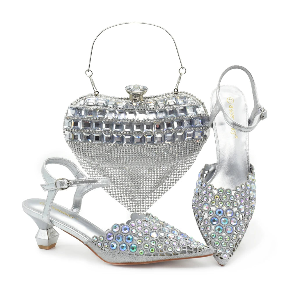 Ladies Shoe and Bag Set Latest Designers Luxury Italian Party Shoes and Bag Set for Women Rhinestone Wedding Bride Shoes Woman