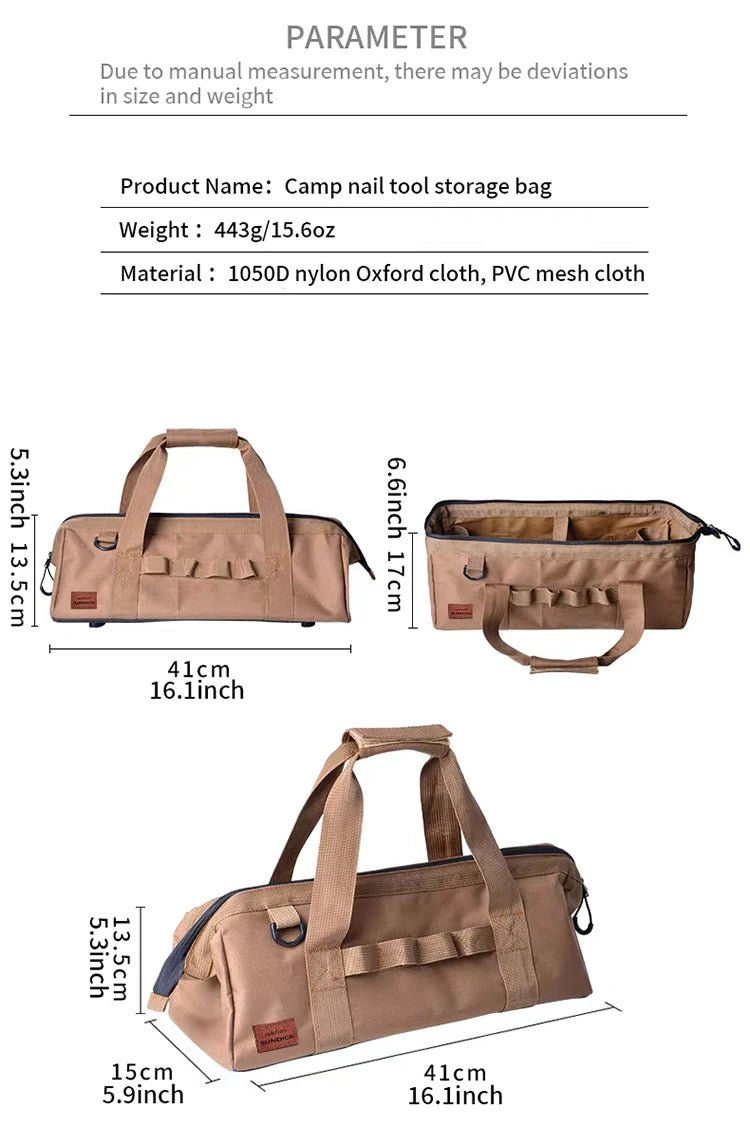 Camping tool storage bag,large-capacity tool kit, can be hung with a climbing buckle, high toe nail,Five colors to choose from