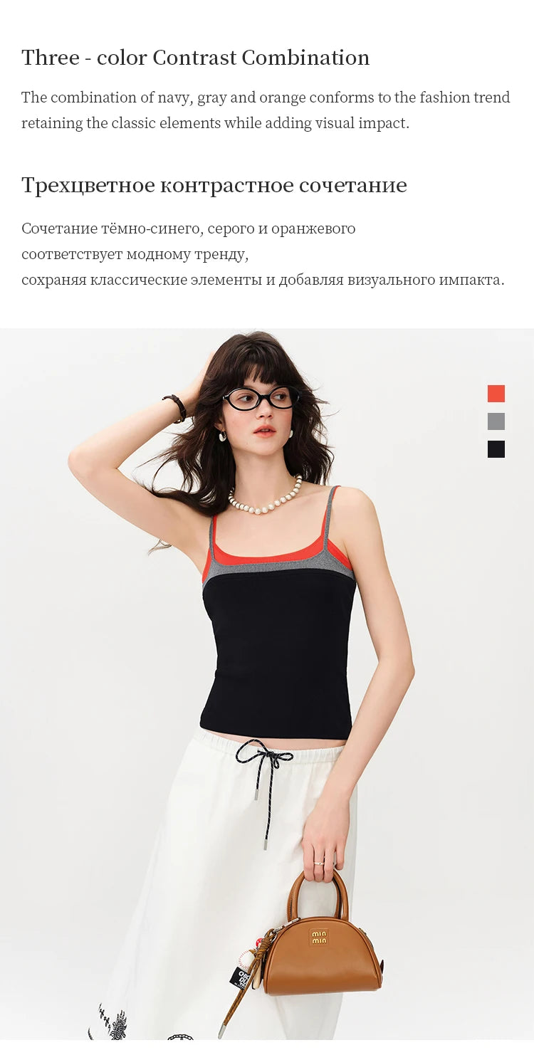 FSLE 2026 Summer Women Color Block Contrast Trim Cami Top, Navy Slim Fit Cropped Vest for Y2K Daily Layering Style Chic Hot Girl