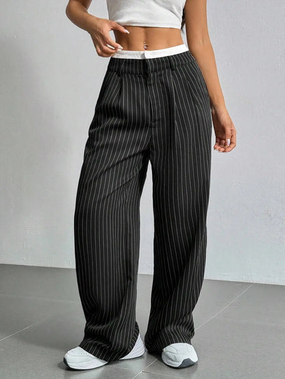 Fashion Pants Women's Stripe Straight Pants 2024 Autumn Winter High Waisted Casual Suit Pants Office Lady Women Trousers Bottoms