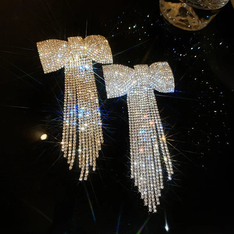 Rhinestone Bow Fringe Hairpin for Women Fashion Temperament Hair Clip Korean Light Luxury Hair Accessories Gold Silver Color