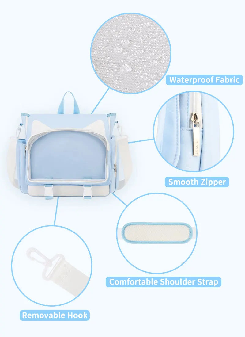 TINYAT Y2K Ita Bag Girl School Backpack Waterproof Transparent Shoulder Bag Women's Crossbody Bag DlY Display Cute Cat Ear