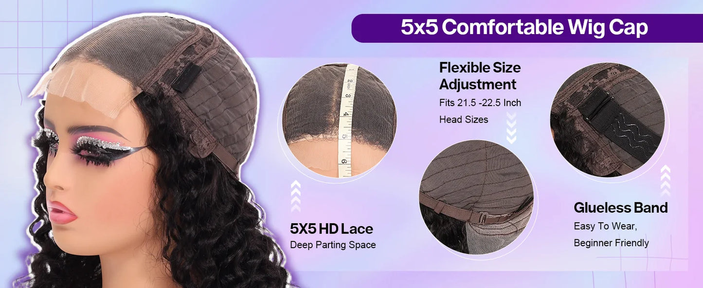 250Density Glueless Short Bob Wig 10 Inch Deep Wave Lace Front Bob Wigs Human Hair 5x5 Glueless Bob Wig Human Hair Ready To Wear