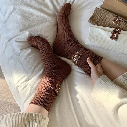 2 Pairs Cashmere Socks Winter Women Warm Wool Thickened Mid-Tube Trendy Heel Furry Label Letter Solid Color Snow Boot Socks New