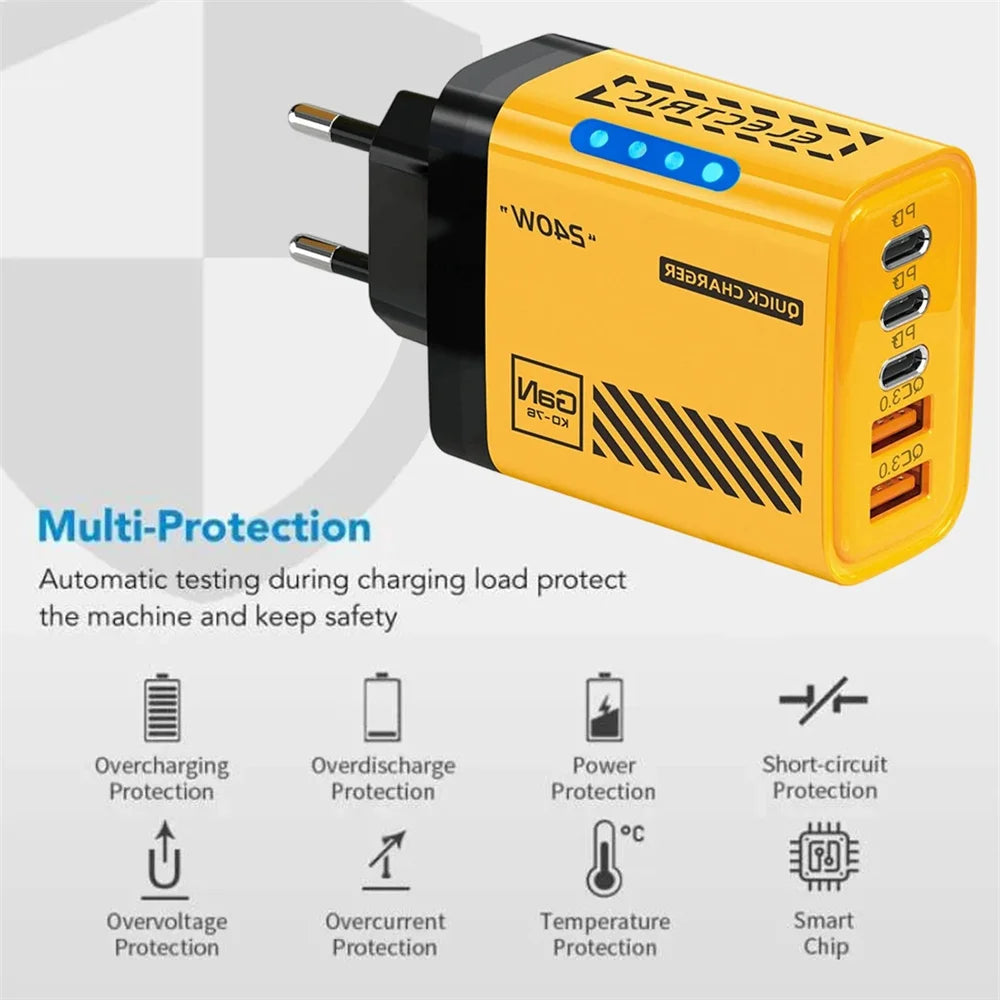 240W GaN Fast Charger 5 Ports 3USB C 2USB QC3.0 Quick Charge Plug Travel Wall Charger for iPhone Samsung Xiaomi Tablet EU/US/UK