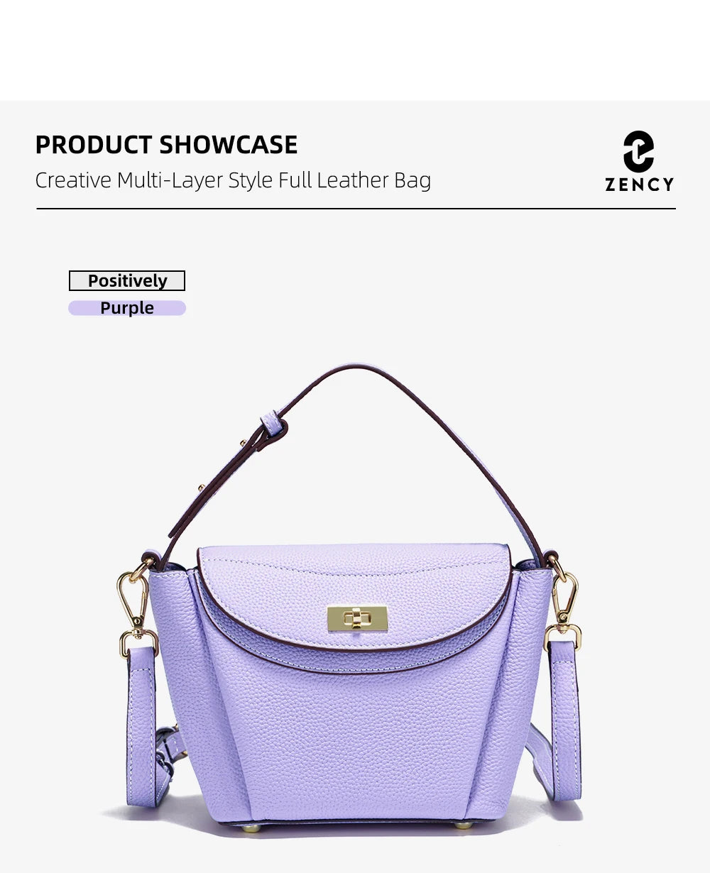 Zency Luxury Genuine Leather Tote Bag For Women Elegant High End Bag Shoulder Crossbody Handbag Top Handle Bags Noble Purple Bag