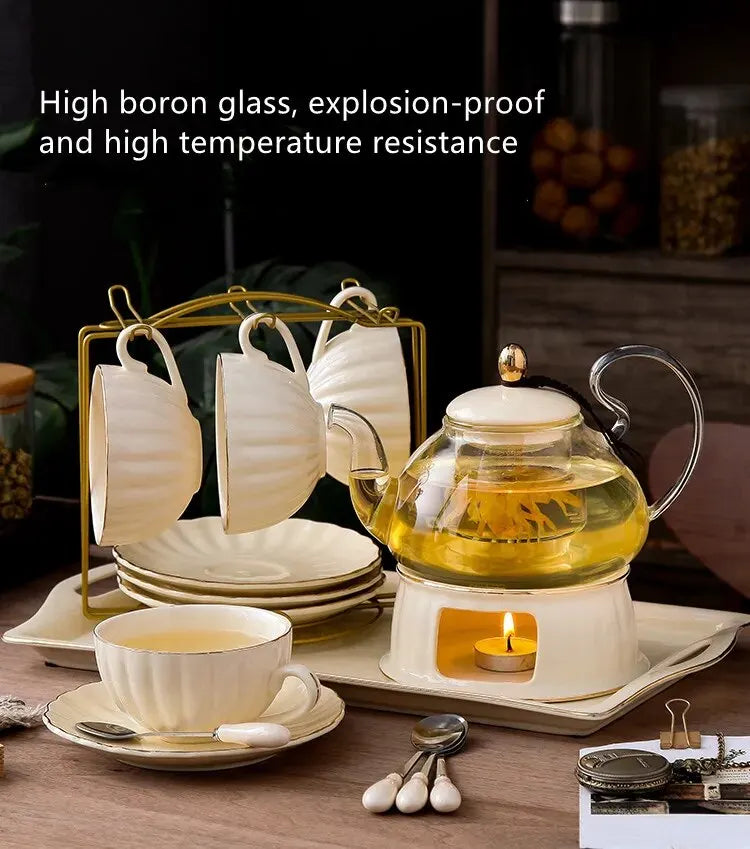 British Handle Ceramic Glass Teapot With Candle Heating Base Set European Porcelain Coffee Pot Afternoon Tea Home Decoration