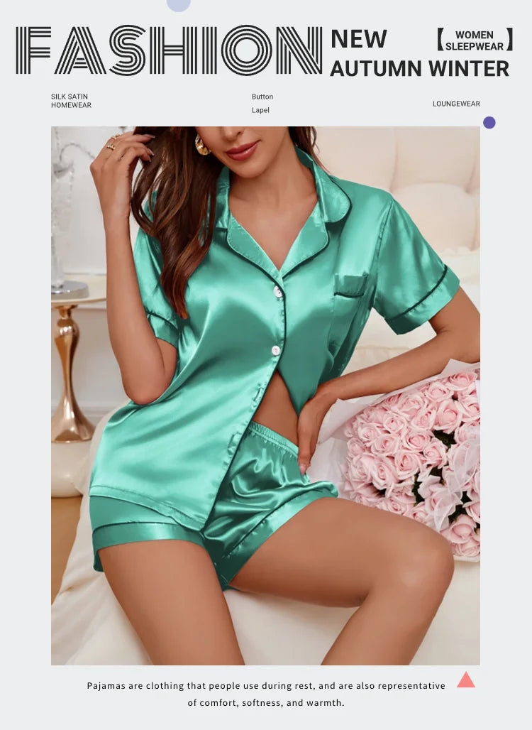 Women's Satin Pajama Set Summer Sleepwear Loungewear Short Sleeve Lapel Top & Shorts Pyjamas Button Home Clothes Pajamas Pjs Set