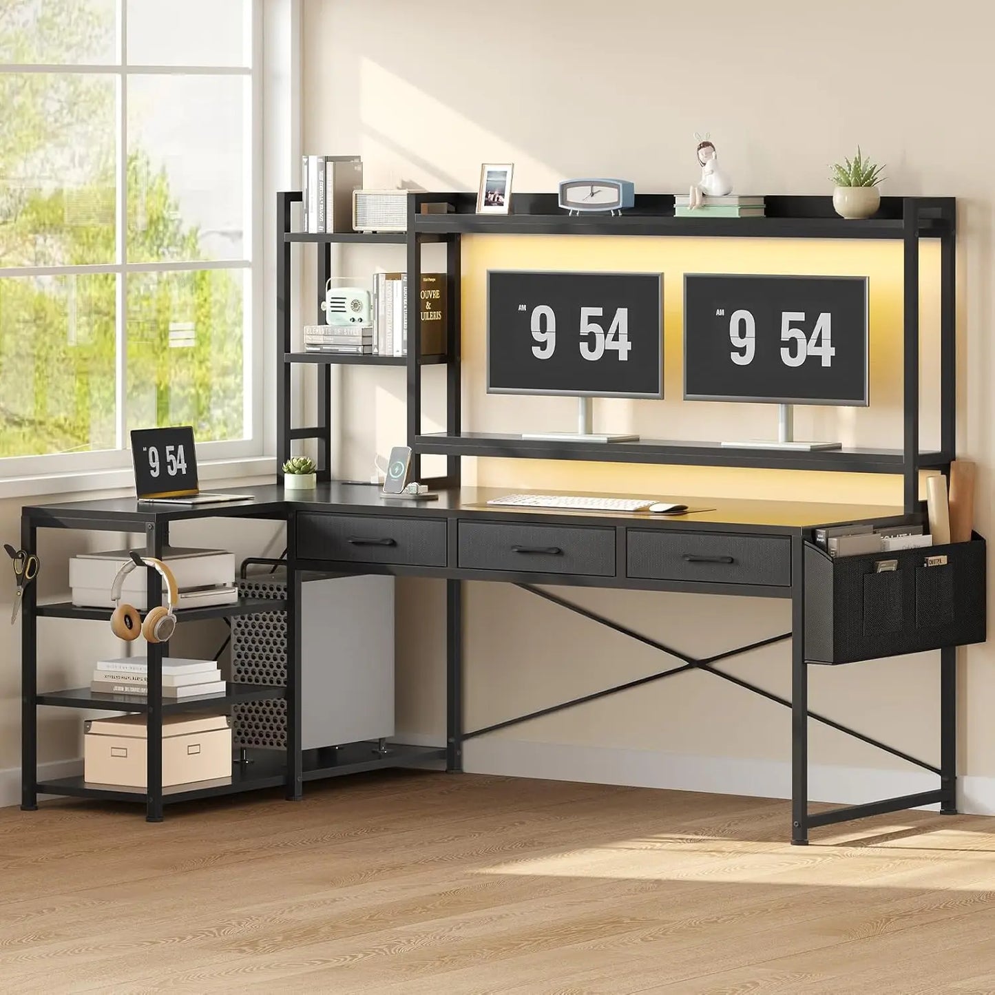 55" L Shaped Gaming Desk, Gaming Desk with Hutch & Drawers, Corner Computer Desk with Shelves and Storage, Customized