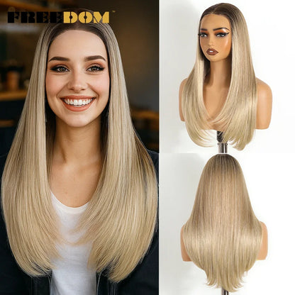 FREEDOM 9x6 Pre Plucked Synthetic Lace Front Wigs For Women Straight Layerd Wig 24" Ombre Blonde Wear And Go Glueless Lace Wigs