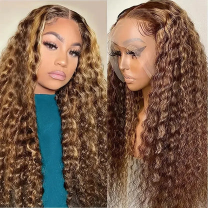 Highlight Curly Wig 13x4 Lace Front Wig Human Hair Wigs 13x4 Human Hair Deep Wave Lace Frontal Wig 4/27 Colored Wigs PrePlucked
