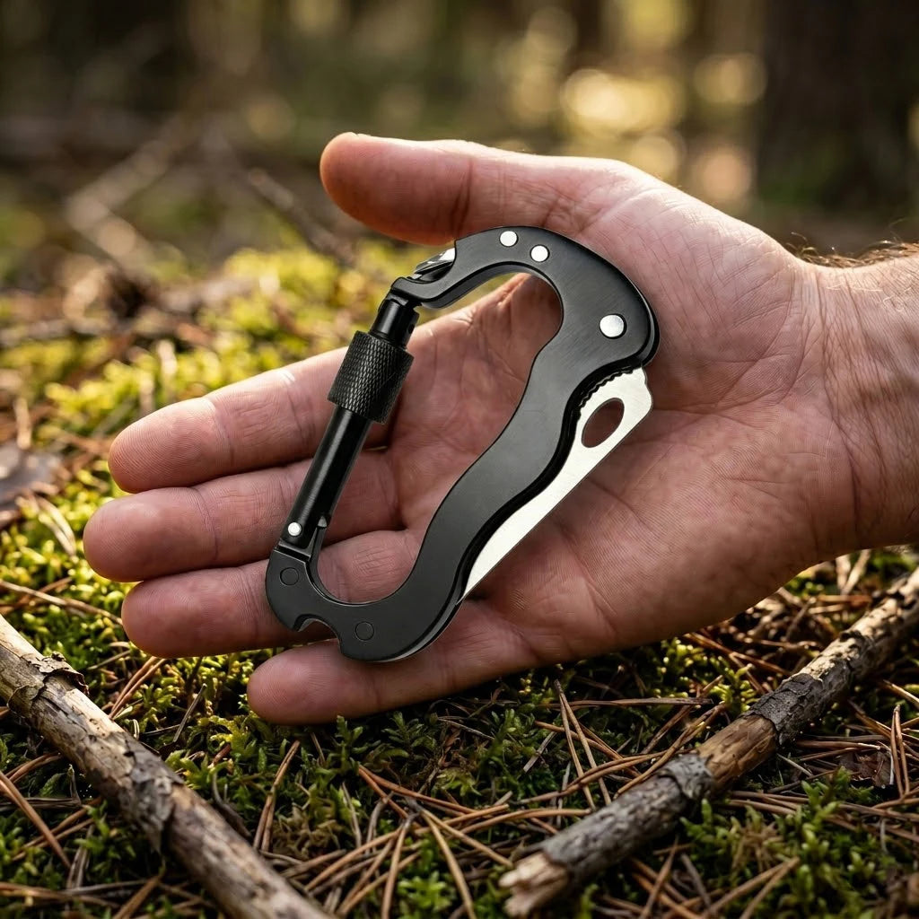 7-in-1 Multifunctional Carabiner EDC Survival Gear with Knife Bottle Opener Fire Starter Screwdriver for Camping Hiking