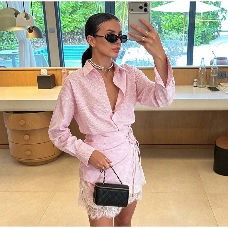 Striped Mini Dress Women Lapel Single Breasted Long Sleeves Lace Patchwork Waistband Robe Female 2026 Summer Beach Vacation Sets