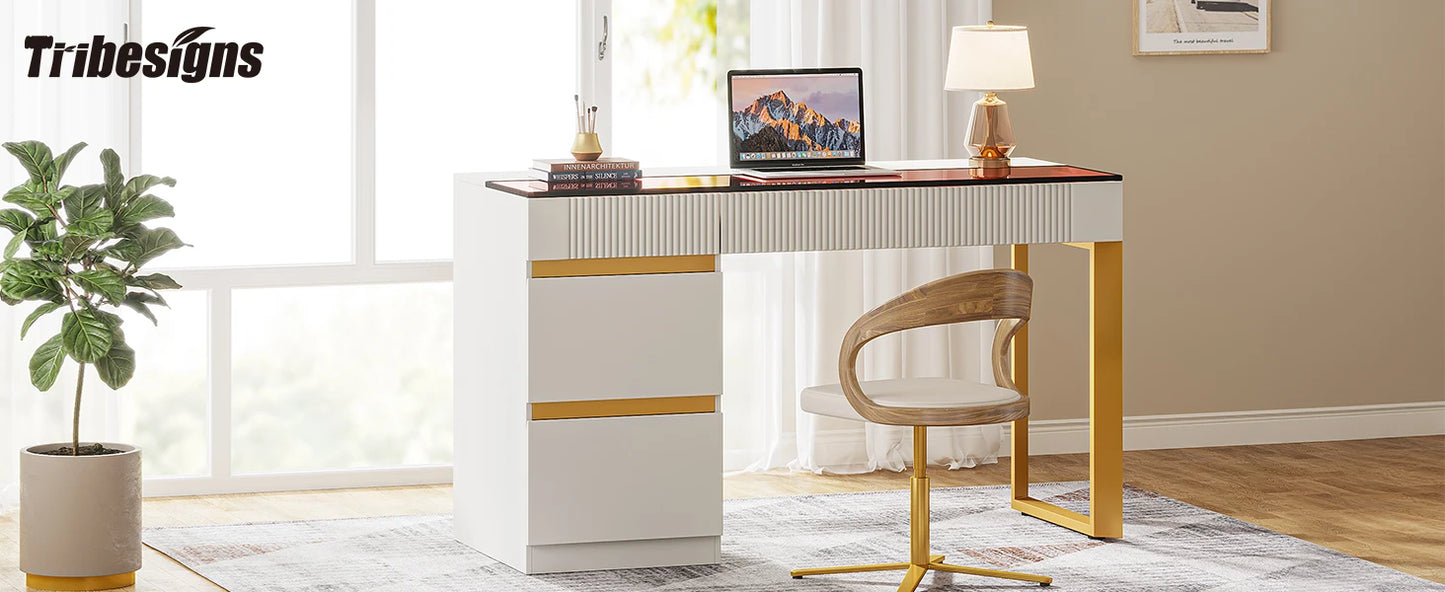 Tribesigns Computer Desk with 4 Drawers, 47 Inch Modern Home Office Desk with Glass Top, White and Gold Writing Workstation Desk