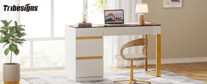 Tribesigns Computer Desk with 4 Drawers, 47 Inch Modern Home Office Desk with Glass Top, White and Gold Writing Workstation Desk