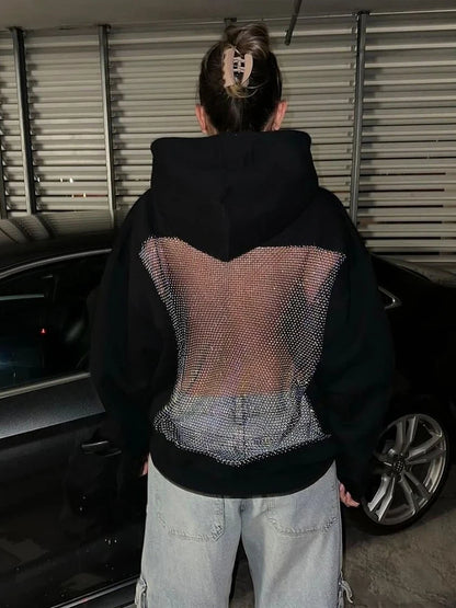 Weird Puss Harajuku Hooded Sweatshirt Women Autumn Trend Backless Glitter Mesh Patchwork Casual Streetwear Hipster Pulloverr
