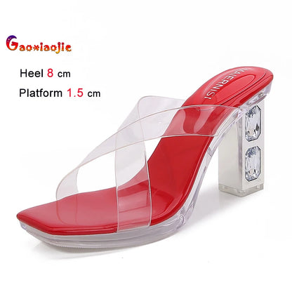 2025 Red High Heels 8cm Women Shoes Rhinestone Thick Heels Square Toe Ladies Pumps Cross Tie Straps Slippers Sandals Party Shoes