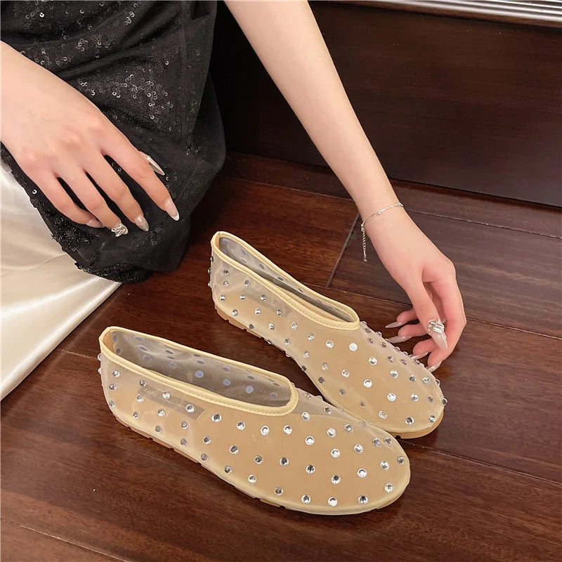 Women Flats Luxury Crystal Rivet Design Sandals Summer Mesh Breathable Ballet Shoes Plus Size Ladies Elegant Party Dress Loafers