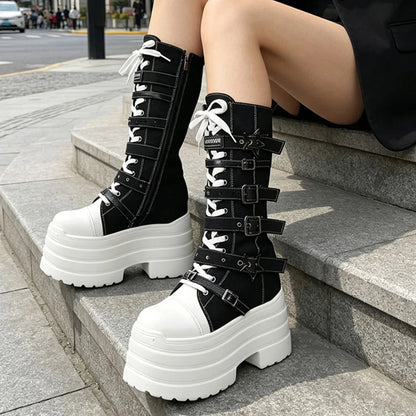 2026 Winter Punk Women Platform Knee High Boots Canvas Patchwork Lace-up Multi Metal Buckle Straps Chunky Heel Motorcycle Boots