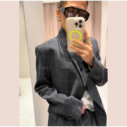 Irregular Plaid Blazer Jacket Women Fashion Stand Collar Full Sleeve Split Loose Short Coat 2026 Lady Daily Commute Outerwear