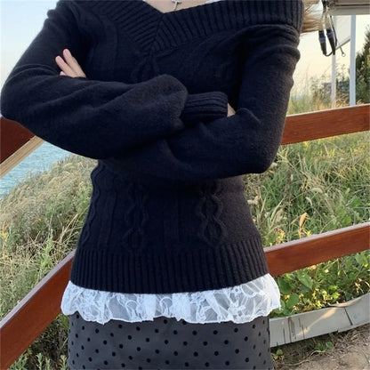 Fashion Vintage V-neck Knitted Tops Women 2025 Early Autumn New Sweaters Pullover Slim Long Sleeve Pullovers Sexy Gray Sweaters