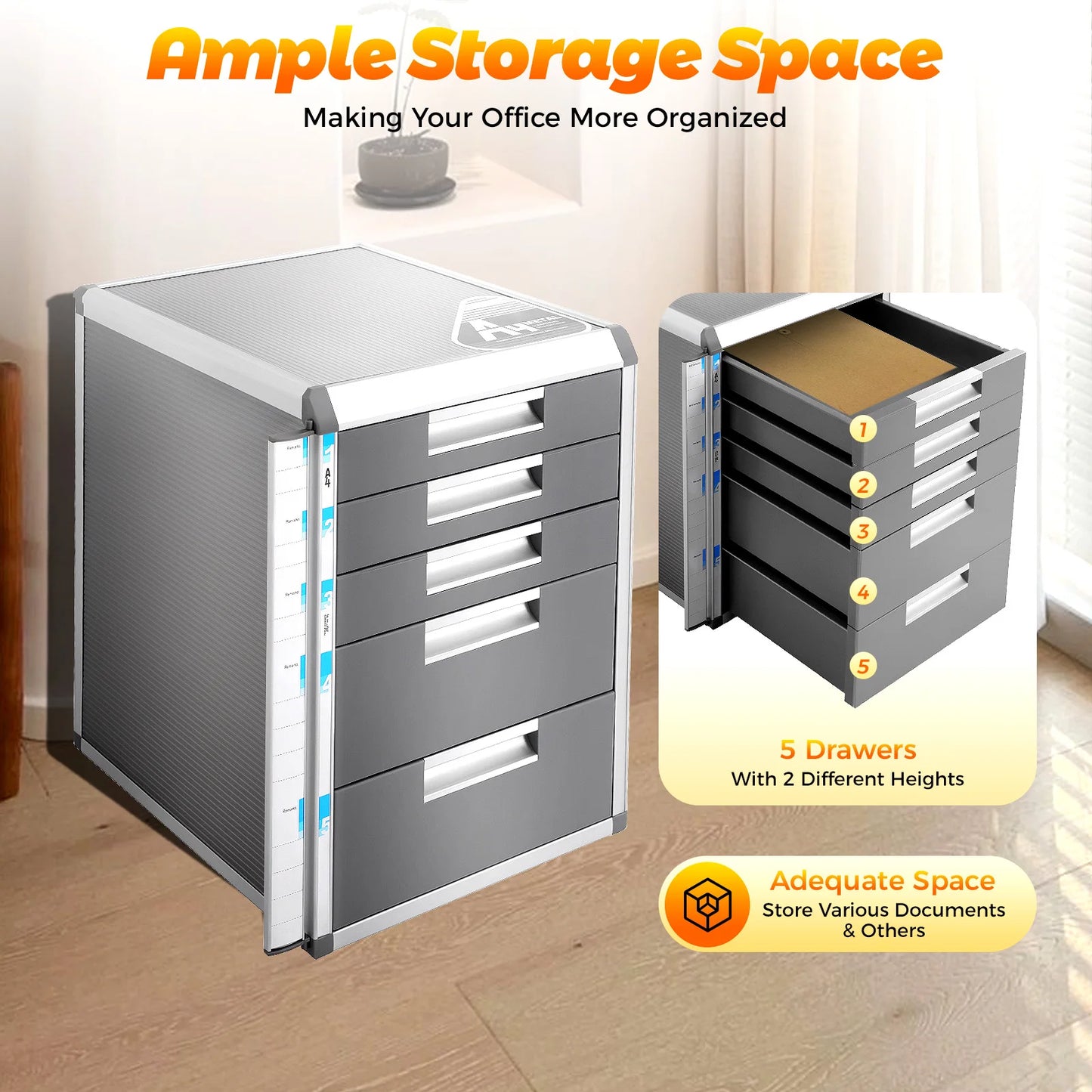 Lockable 5-Drawer Document Storage Box, Security File Organizer with Keys for Office Home Study, Grey
