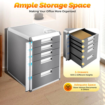 Lockable 5-Drawer Document Storage Box, Security File Organizer with Keys for Office Home Study, Grey