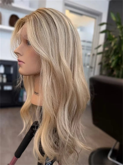 Trendy Wigs Free Part Ombre Golden Blonde Highlights Synthetic HD Lace Front Wig Preplucked Hairline High Quality Wig for Women