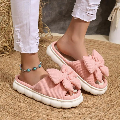 Linen Casual Platform Slippers Women Home Bowknot Luxury Designer Woman Shoes Flats Elegant Fashion Footwear Lovely Large Size