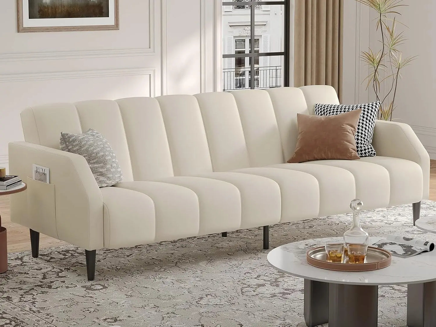 Faux Leather Couch, Convertible Futon Sofa Bed with Adjustable Backrest, Mid Century Leather Sofa Loveseat , Customized