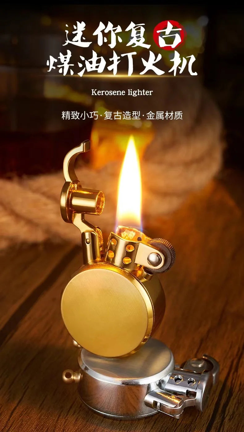 New Retro Round Kero sene Lighter Creative Metal Windproof Flame Lighter Gold and Silver Oil Lighter Smoking Accessories Tool
